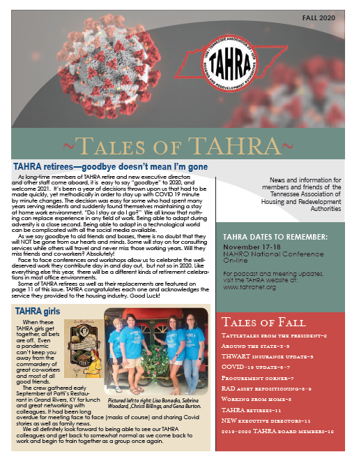 Cover of the Fall 2020 edition of Tales of TAHRA newsletter